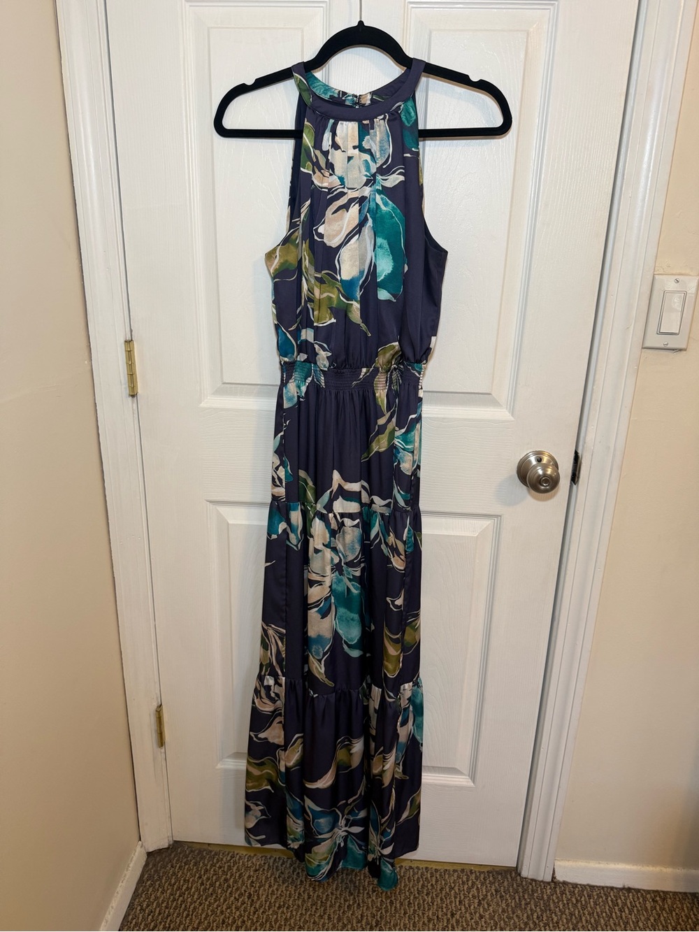 Sleeveless Floral Halter Maxi Dress - Purple-Blue and Teal